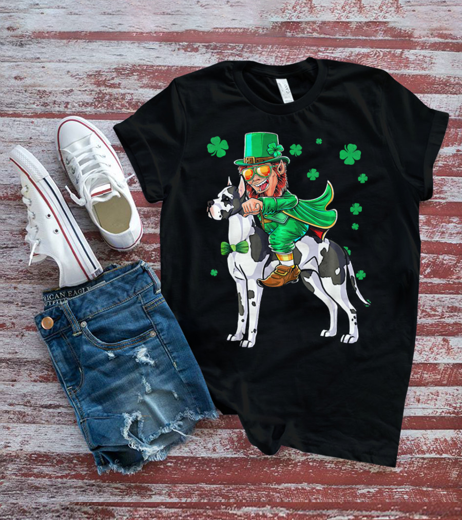 Leprechaun Riding Great Dane With Shamrocks St. Patri T-Shirt
