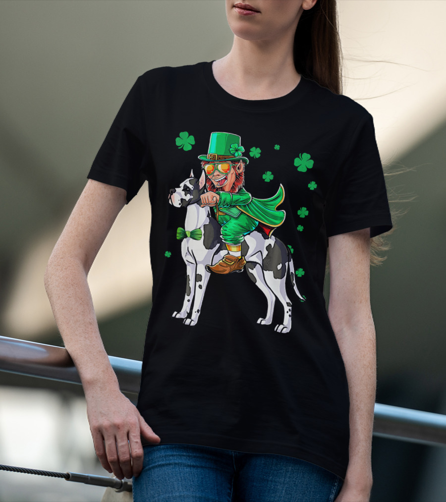 Leprechaun Riding Great Dane With Shamrocks St. Patri T-Shirt
