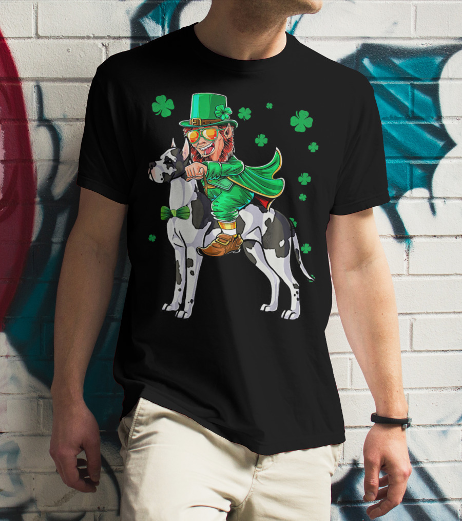 Leprechaun Riding Great Dane With Shamrocks St. Patri T-Shirt