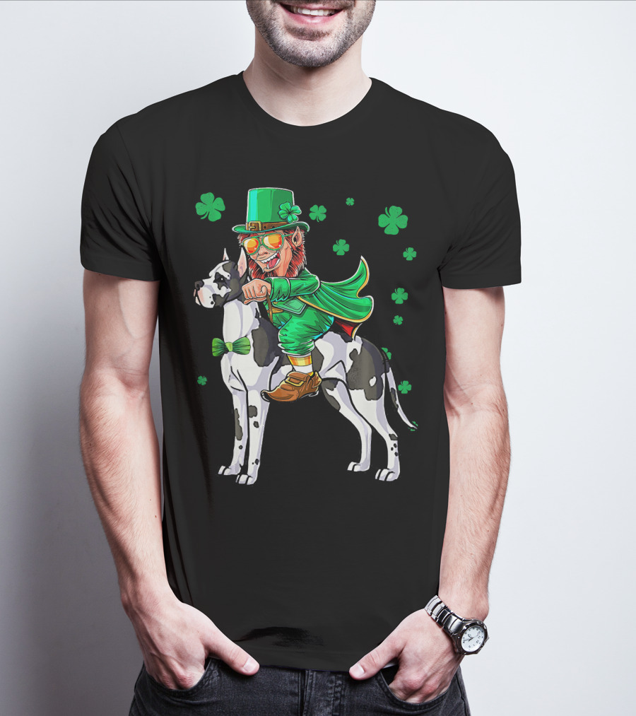Leprechaun Riding Great Dane With Shamrocks St. Patri T-Shirt
