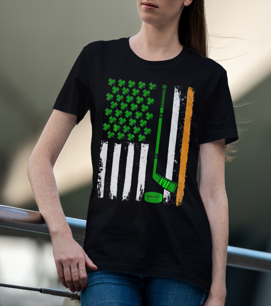 Hockey St Patricks Irish American Flag Shamrock Hockey Stick T-Shirt