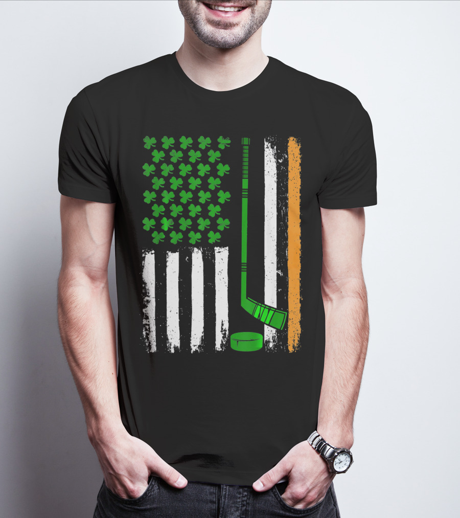 Hockey St Patricks Irish American Flag Shamrock Hockey Stick T-Shirt