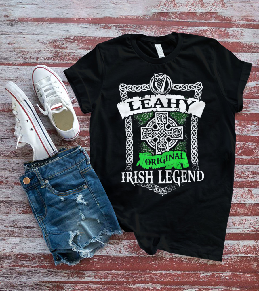 LEAHY Original Irish Legend Celtic Knot Cross Harp Emblem T-Shirt