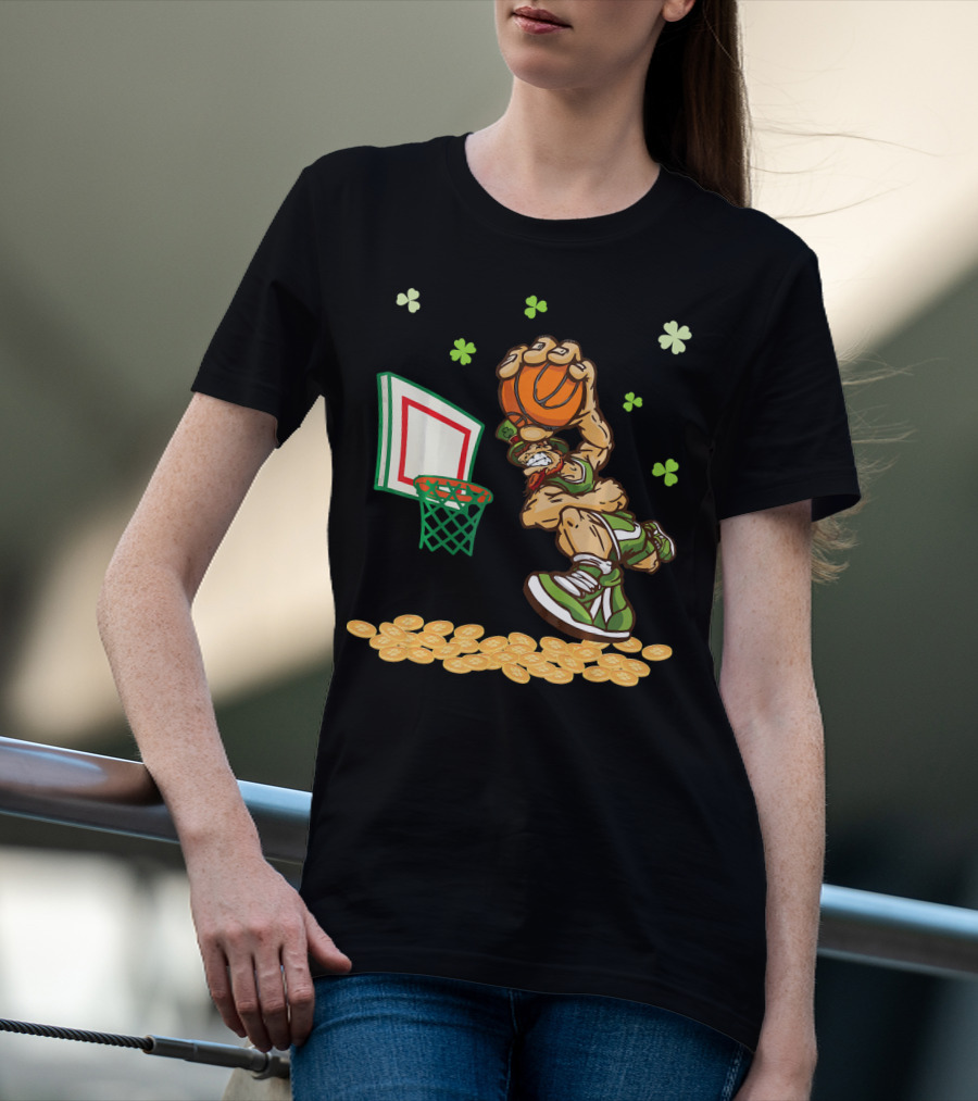 Leprechaun Dunking Basketball Surrounded By Shamrocks And Gold Coins T-Shirt