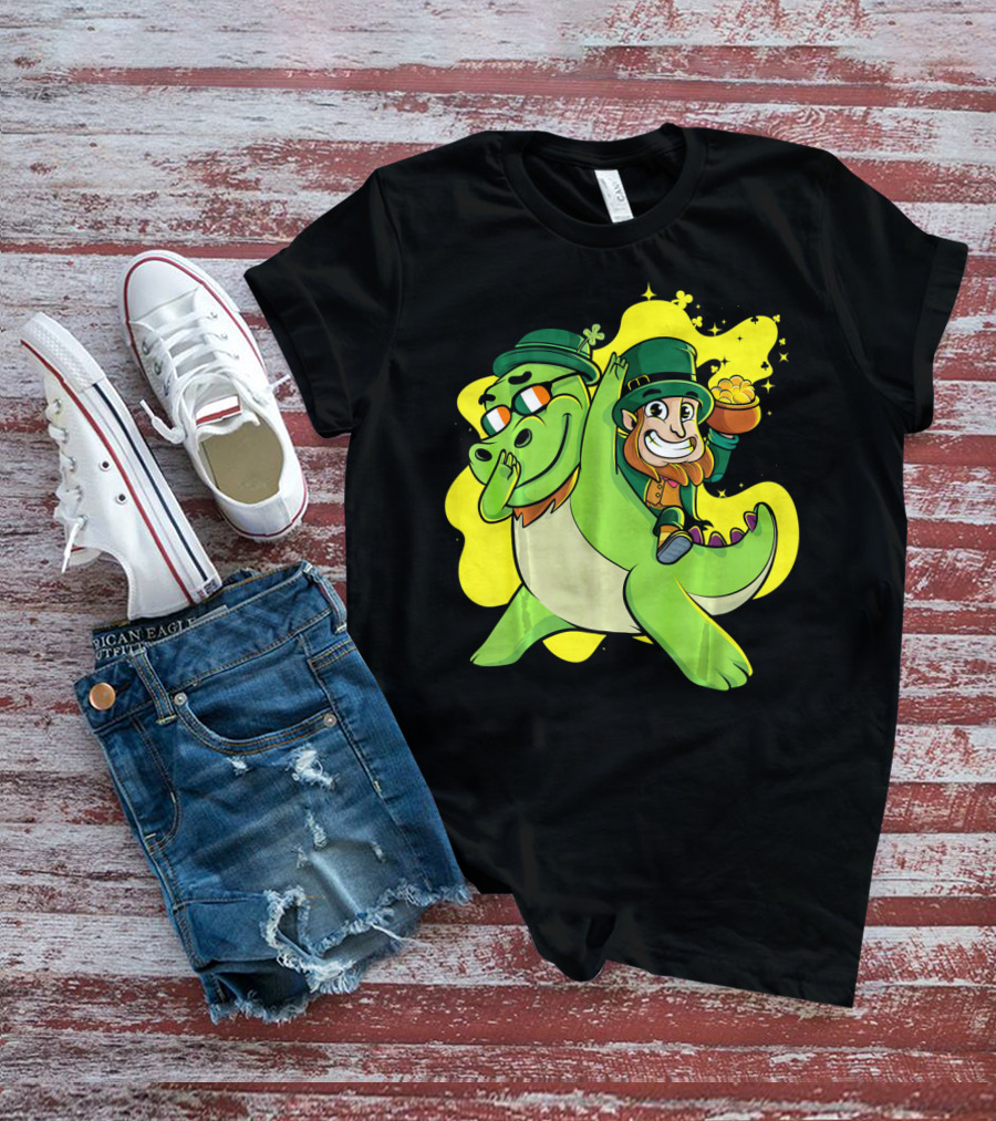 Dabbing Dinosaur And Leprechaun With Gold For St Patrick's Day T-Shirt