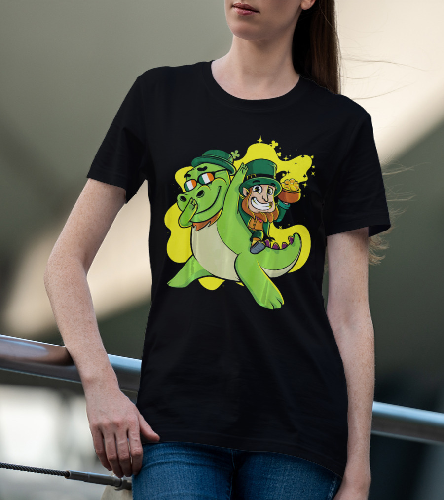 Dabbing Dinosaur And Leprechaun With Gold For St Patrick's Day T-Shirt