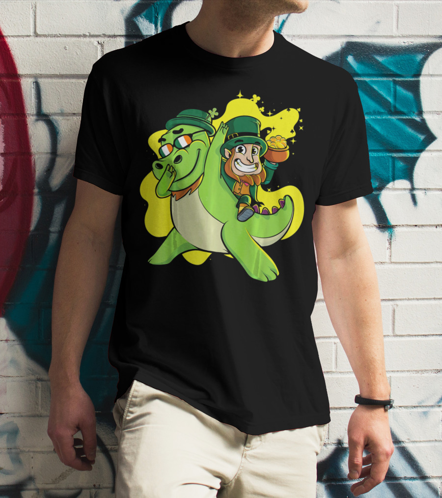 Dabbing Dinosaur And Leprechaun With Gold For St Patrick's Day T-Shirt