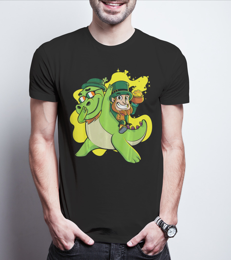 Dabbing Dinosaur And Leprechaun With Gold For St Patrick's Day T-Shirt