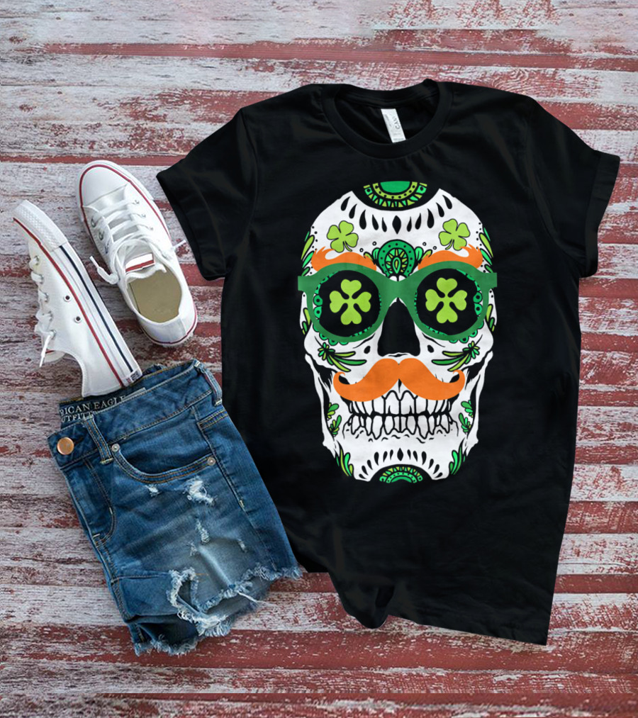 Sugar Skull Clover Mustache St. Patrick's Day T-Shirt