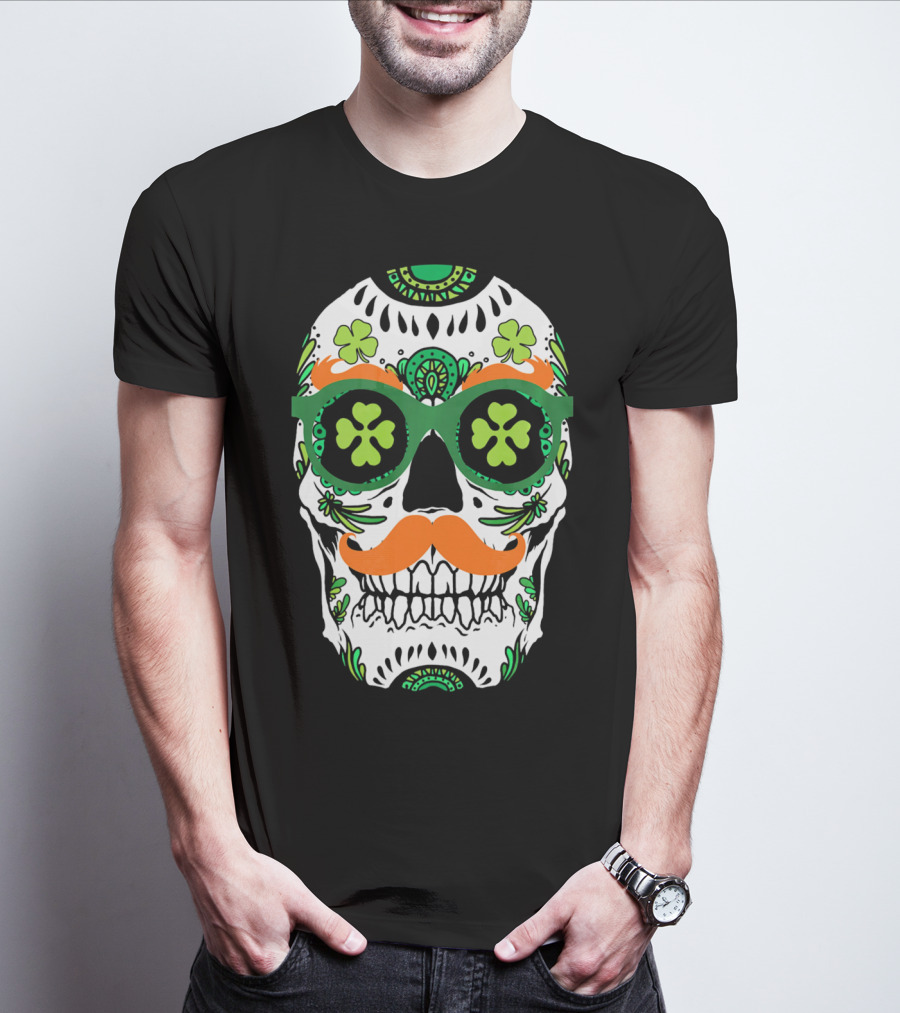 Sugar Skull Clover Mustache St. Patrick's Day T-Shirt