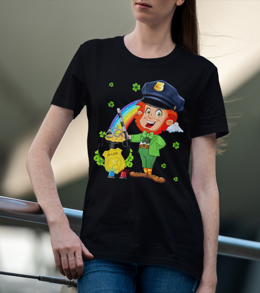 Police Leprechaun Pot Of Gold Rainbow Clover St. Patricks T-Shirt