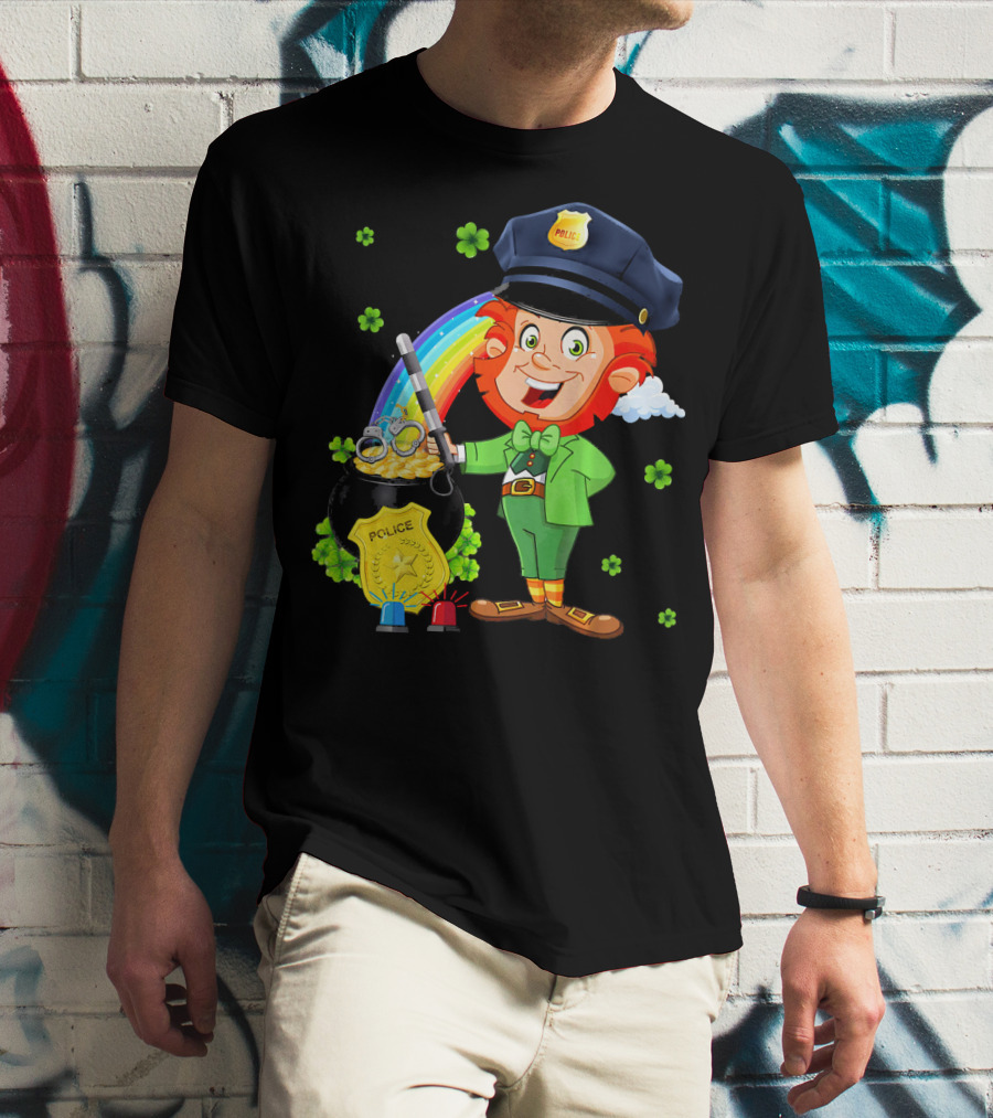 Police Leprechaun Pot Of Gold Rainbow Clover St. Patricks T-Shirt