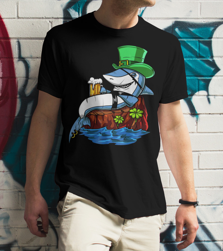Leprechaun Shark Pirate St Patricks Beer Shamrock Rock T-Shirt