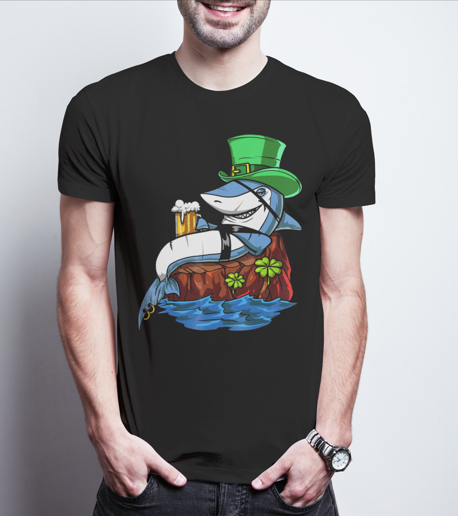 Leprechaun Shark Pirate St Patricks Beer Shamrock Rock T-Shirt