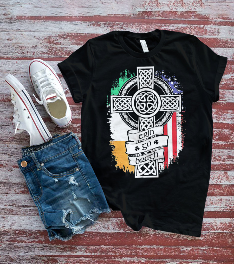 Erin Go Bragh Celtic Cross Irish American Flag T-Shirt