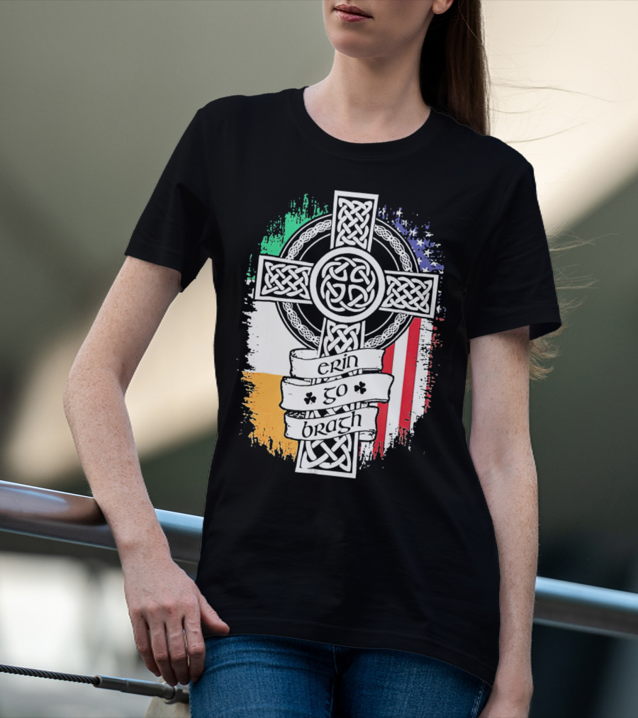 Erin Go Bragh Celtic Cross Irish American Flag T-Shirt