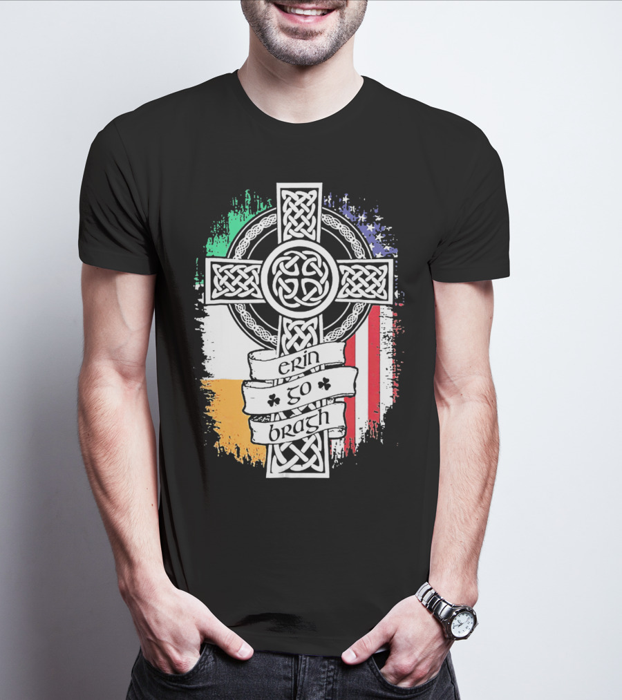 Erin Go Bragh Celtic Cross Irish American Flag T-Shirt
