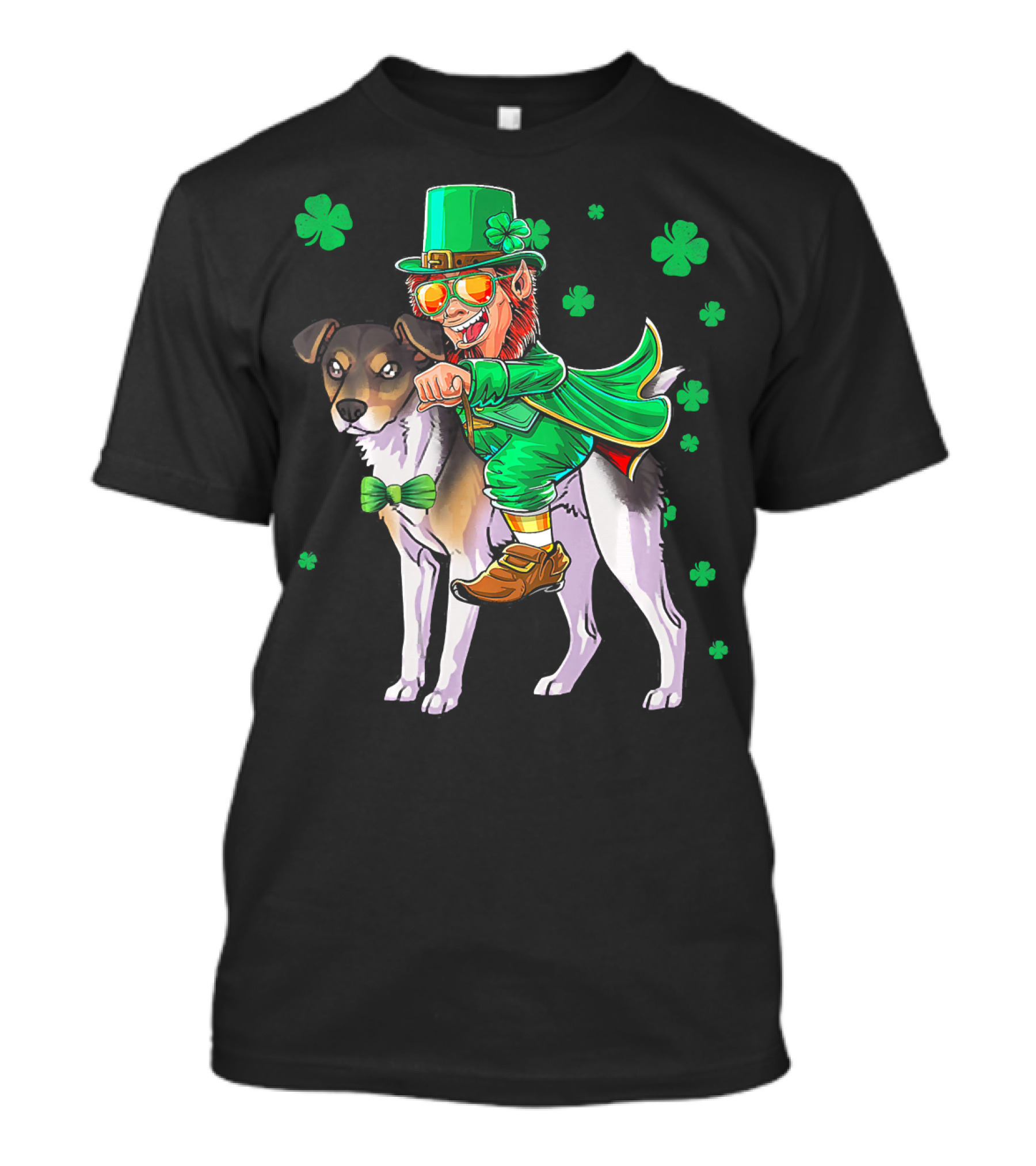 Leprechaun Riding Rat Terrier With Shamrock Pattern St Patrick's Day T-Shirt