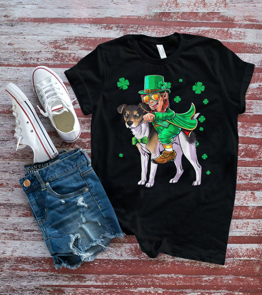 Leprechaun Riding Rat Terrier With Shamrock Pattern St Patrick's Day T-Shirt