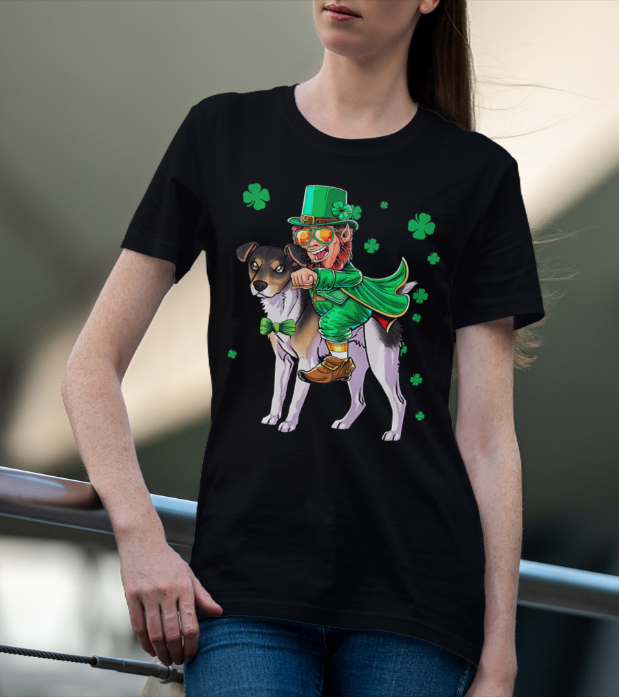 Leprechaun Riding Rat Terrier With Shamrock Pattern St Patrick's Day T-Shirt