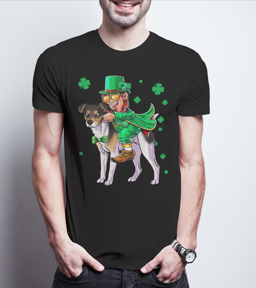 Leprechaun Riding Rat Terrier With Shamrock Pattern St Patrick's Day T-Shirt