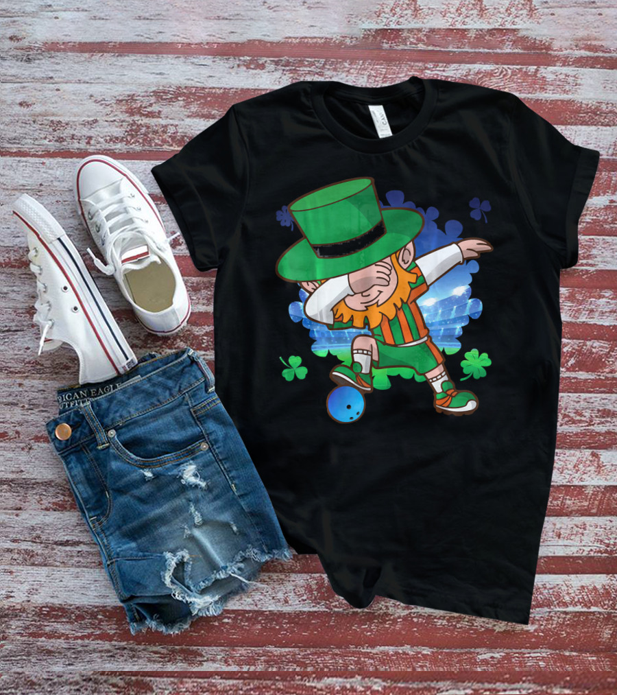 Leprechaun Dabbing Bowling With Clover Accents T-Shirt
