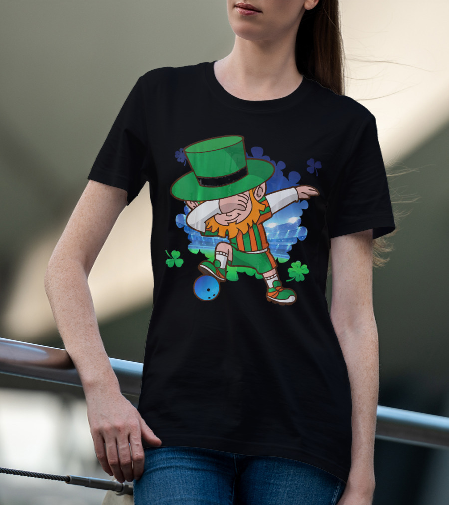 Leprechaun Dabbing Bowling With Clover Accents T-Shirt
