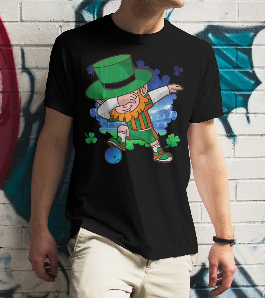 Leprechaun Dabbing Bowling With Clover Accents T-Shirt