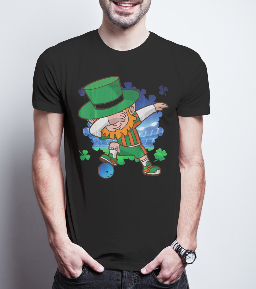 Leprechaun Dabbing Bowling With Clover Accents T-Shirt