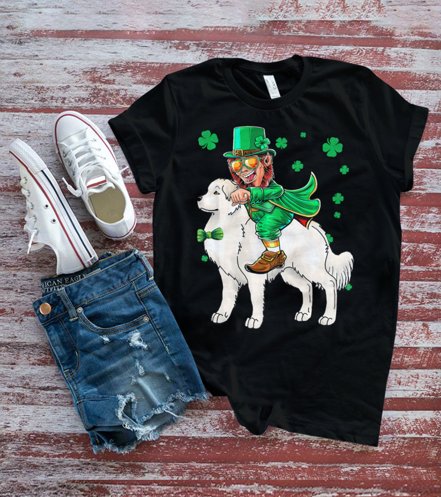 Great Pyrenees Leprechaun Riding Shamrock T-Shirt