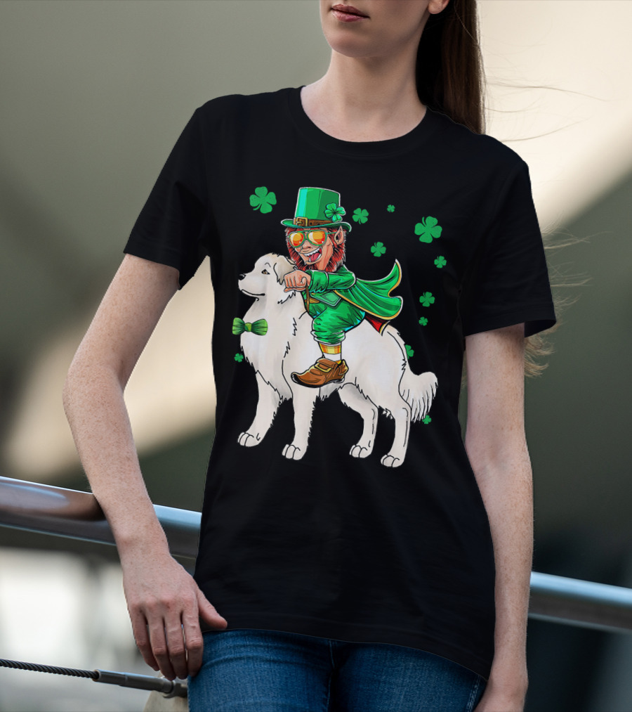 Great Pyrenees Leprechaun Riding Shamrock T-Shirt