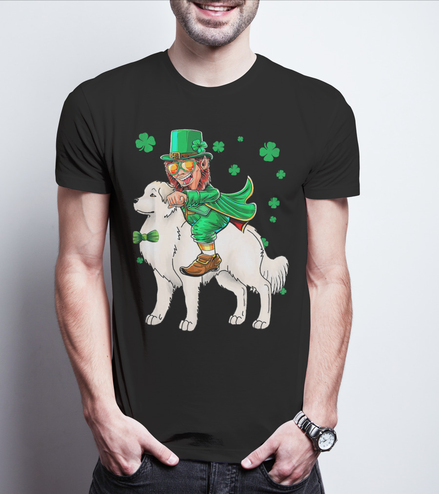 Great Pyrenees Leprechaun Riding Shamrock T-Shirt