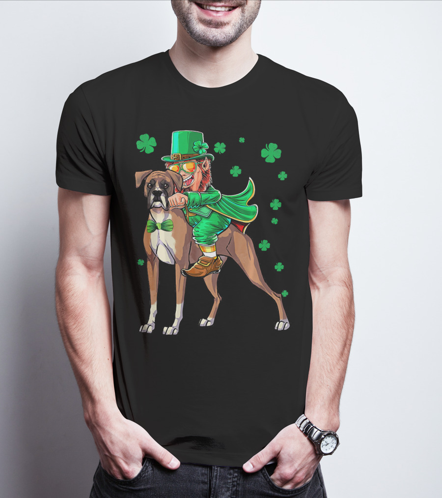 Leprechaun Riding Boxer Dog With Shamrocks St. Patrick's Day T-Shirt