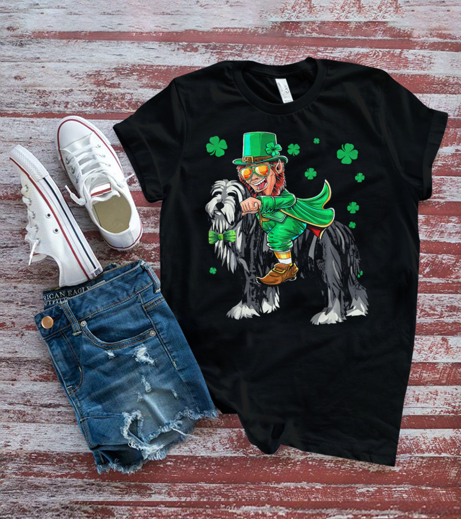 Leprechaun Riding Bearded Collie With Shamrocks T-Shirt