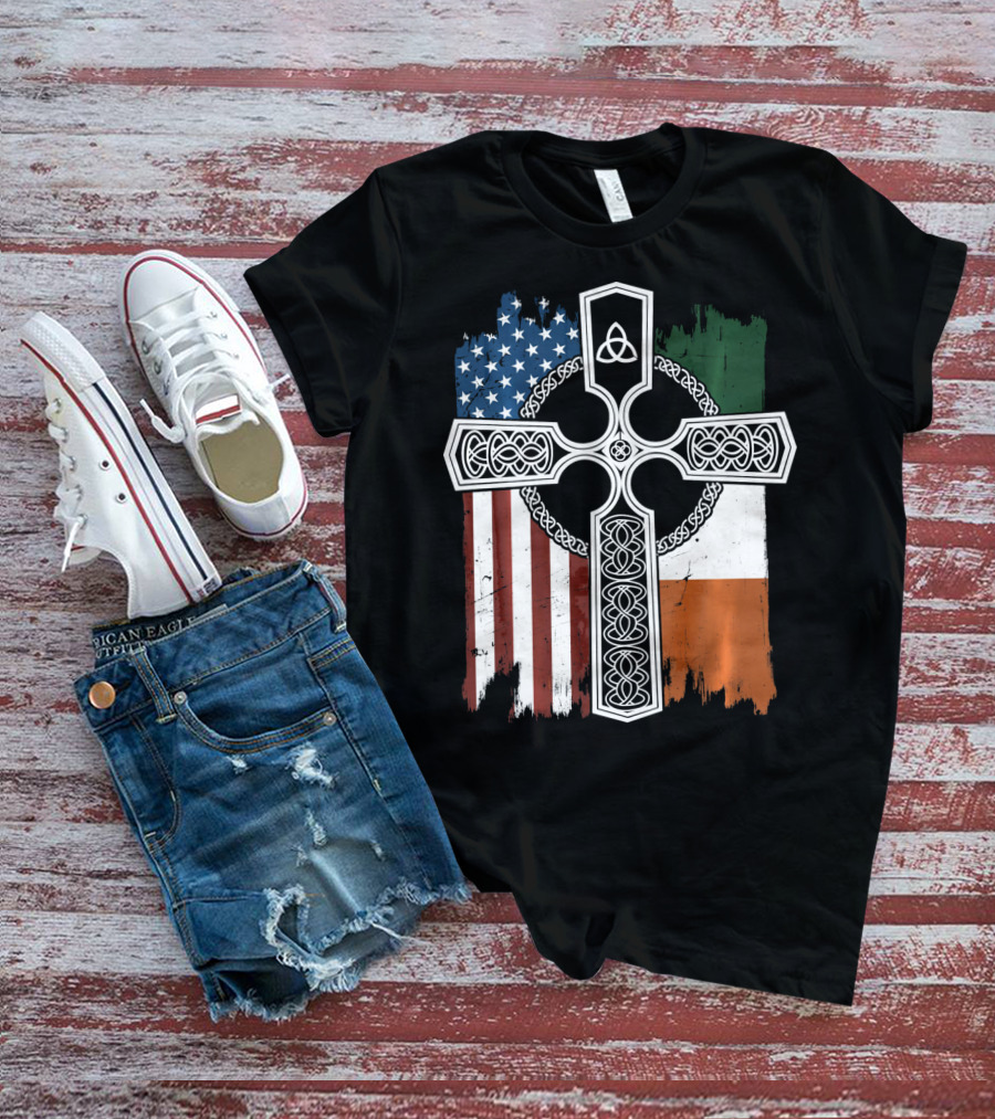 American Irish Flag Celtic Cross With Triquetra T-Shirt