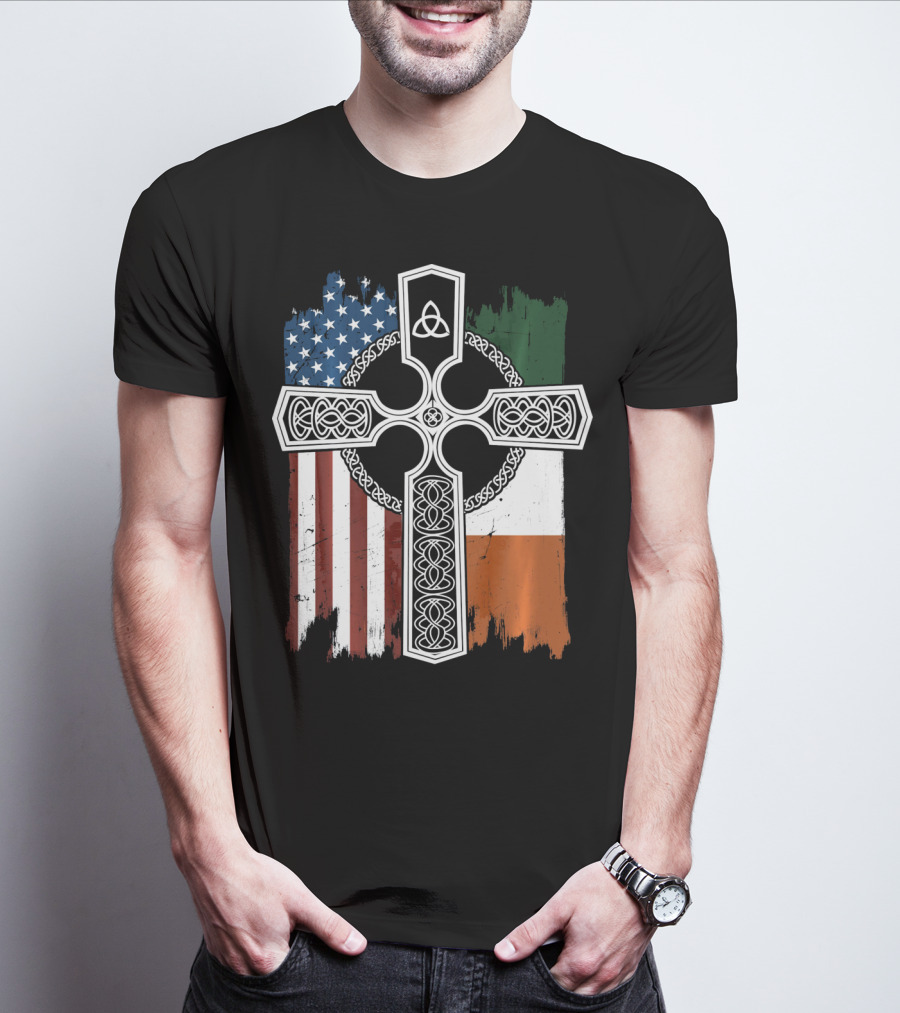 American Irish Flag Celtic Cross With Triquetra T-Shirt