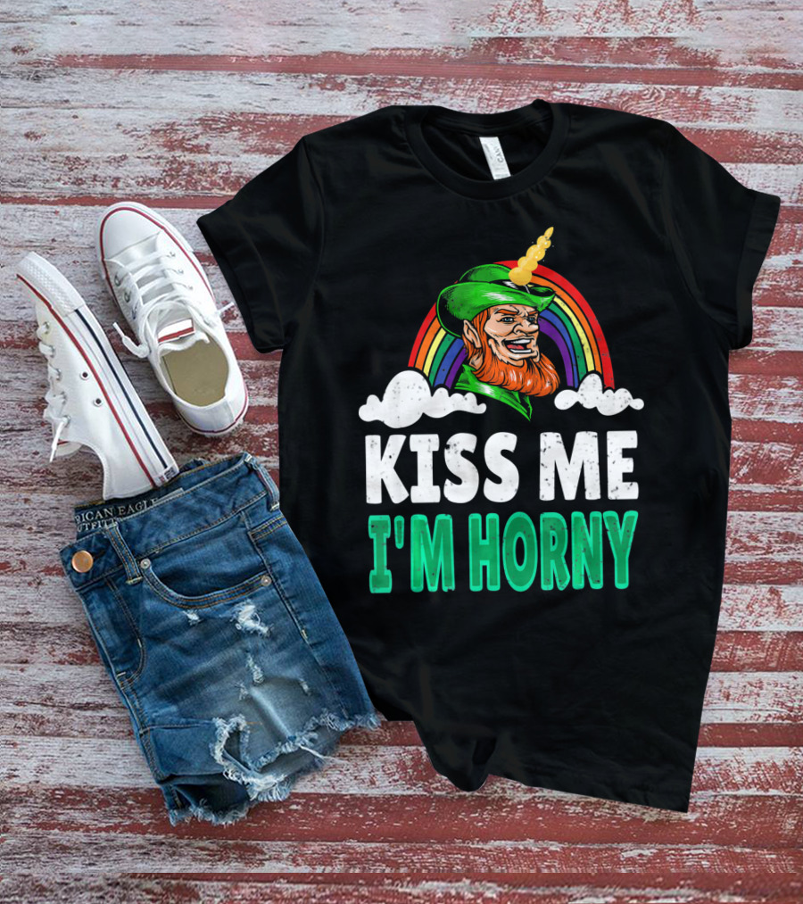 Kiss Me I'm Horny St Patricks Day Lepricorn Rainbow T-Shirt