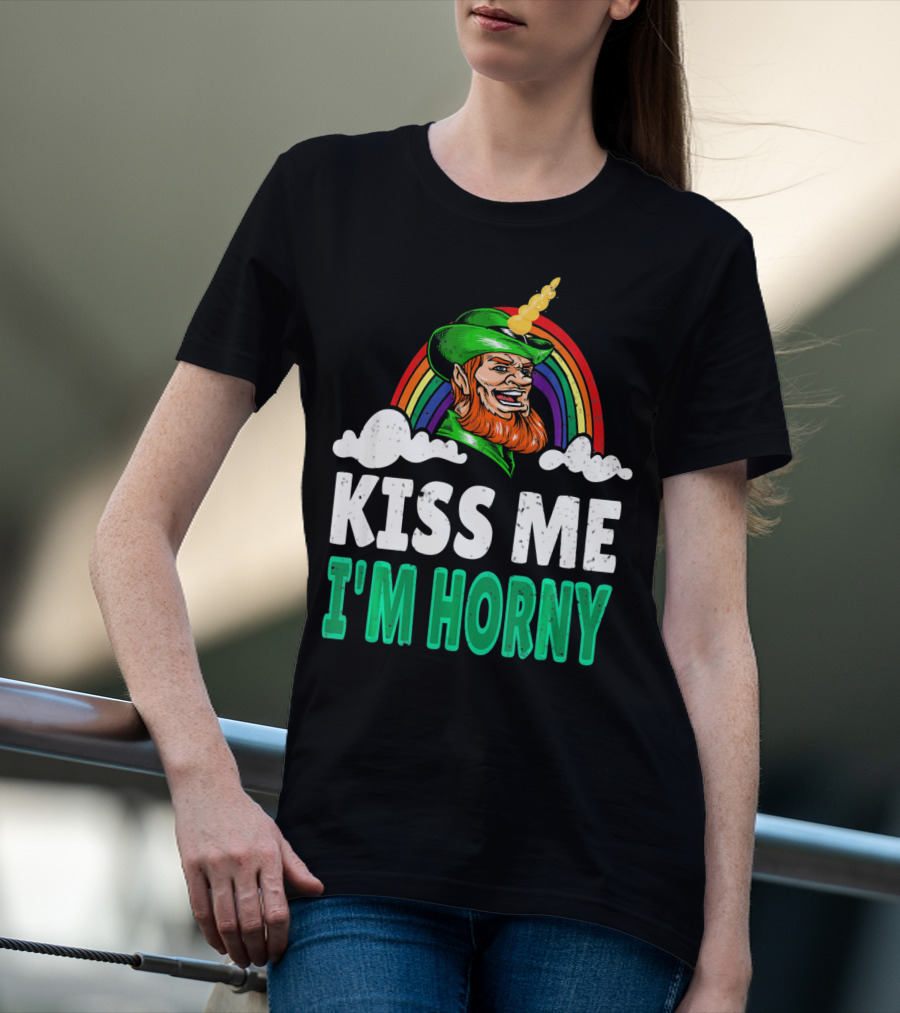 Kiss Me I'm Horny St Patricks Day Lepricorn Rainbow T-Shirt