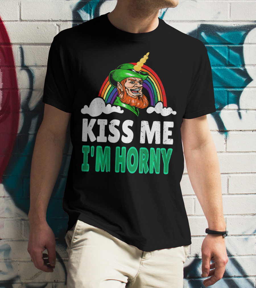 Kiss Me I'm Horny St Patricks Day Lepricorn Rainbow T-Shirt