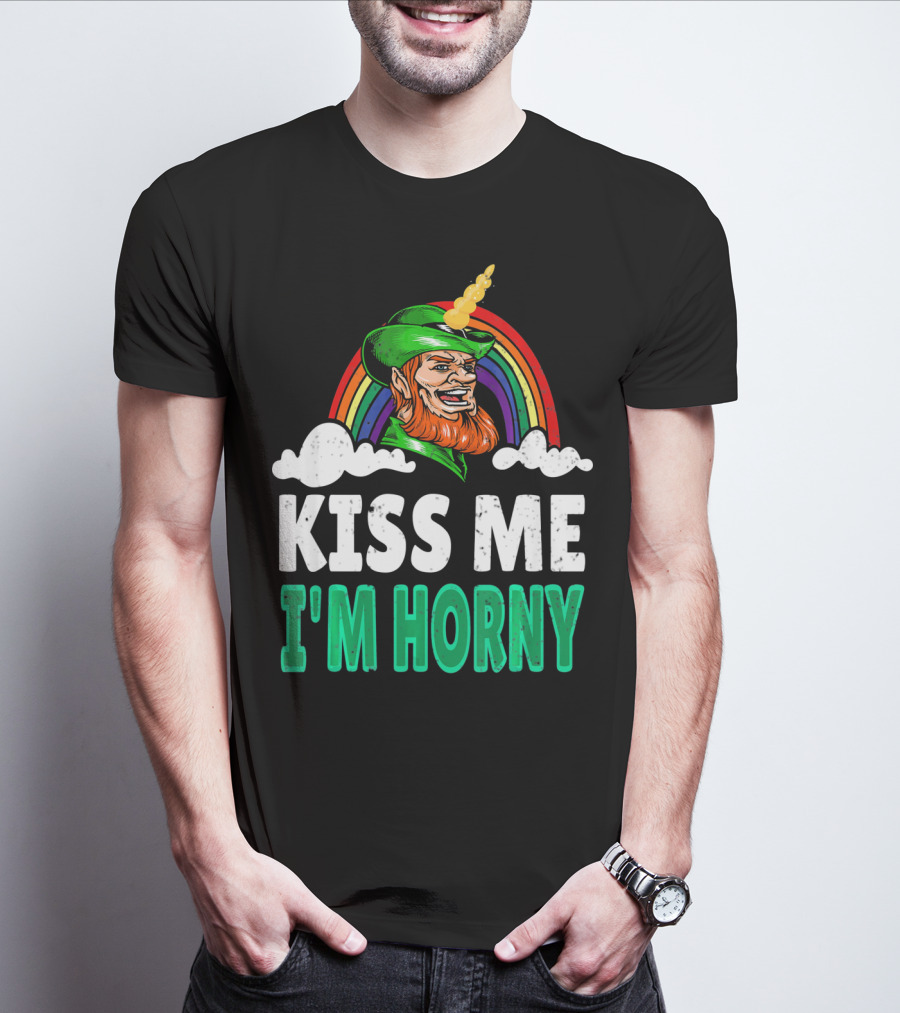 Kiss Me I'm Horny St Patricks Day Lepricorn Rainbow T-Shirt