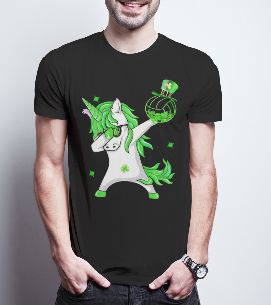 Happy St Patricks Day Dabbing Unicorn With Shamrock Hat And Green Hair T-Shirt