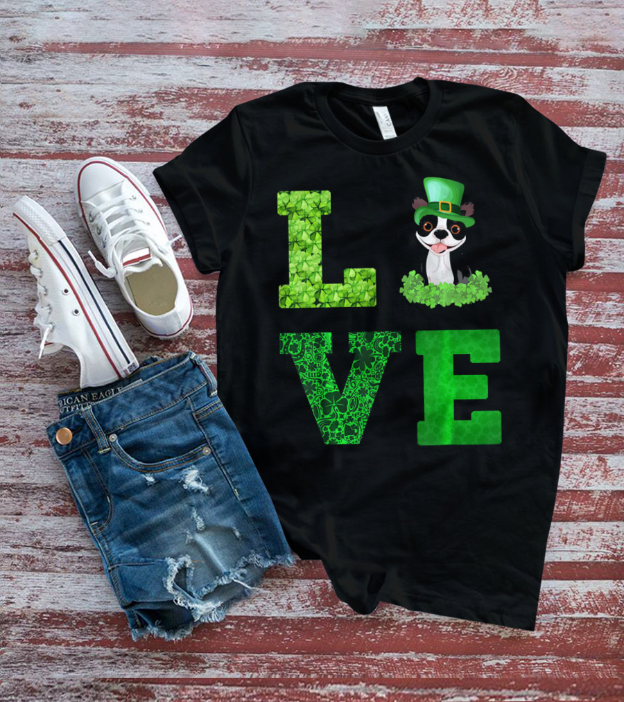 Love Boston Terrier St Patricks Day Clover Hat T-Shirt