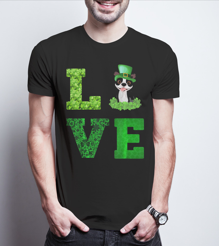 Love Boston Terrier St Patricks Day Clover Hat T-Shirt