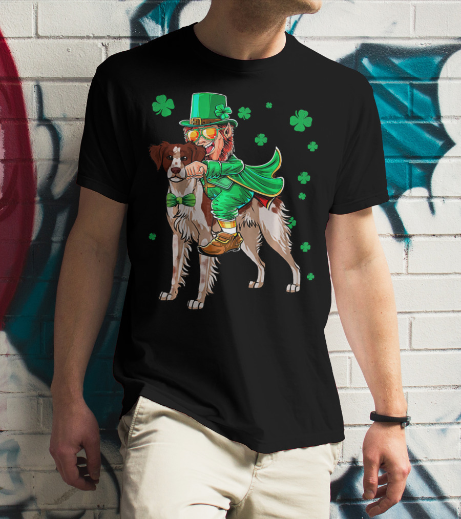 Leprechaun Rides Brittany Spaniel With Shamrock Accents T-Shirt
