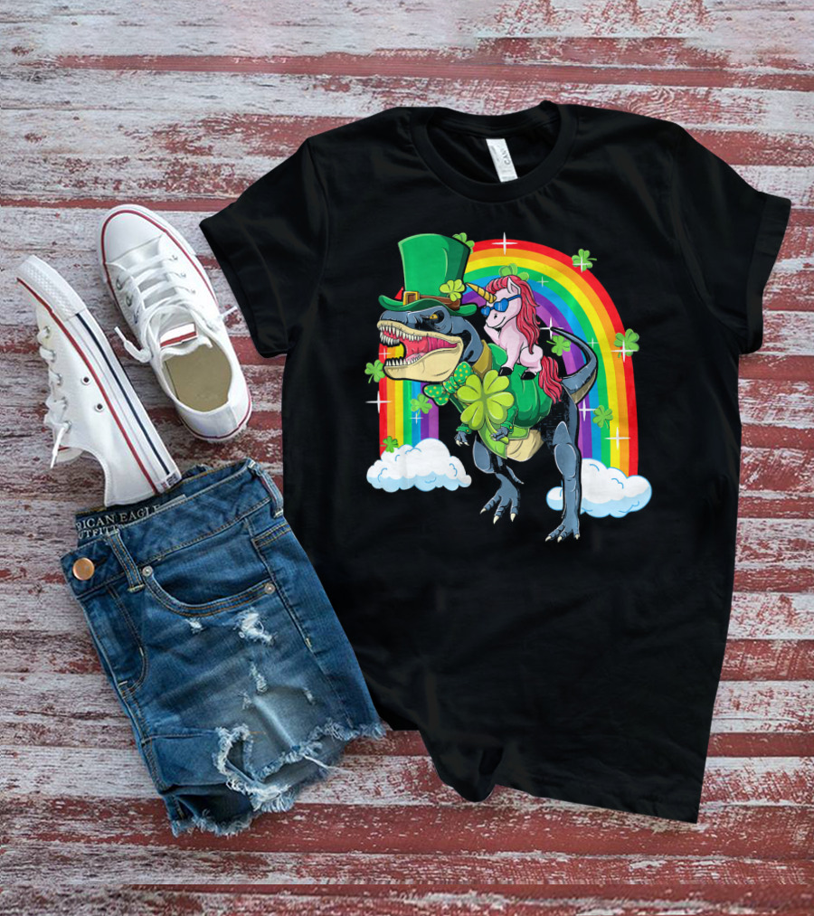 Unicorn Riding Dinosaur Leprechaun Rainbow Shamrocks T-Shirt