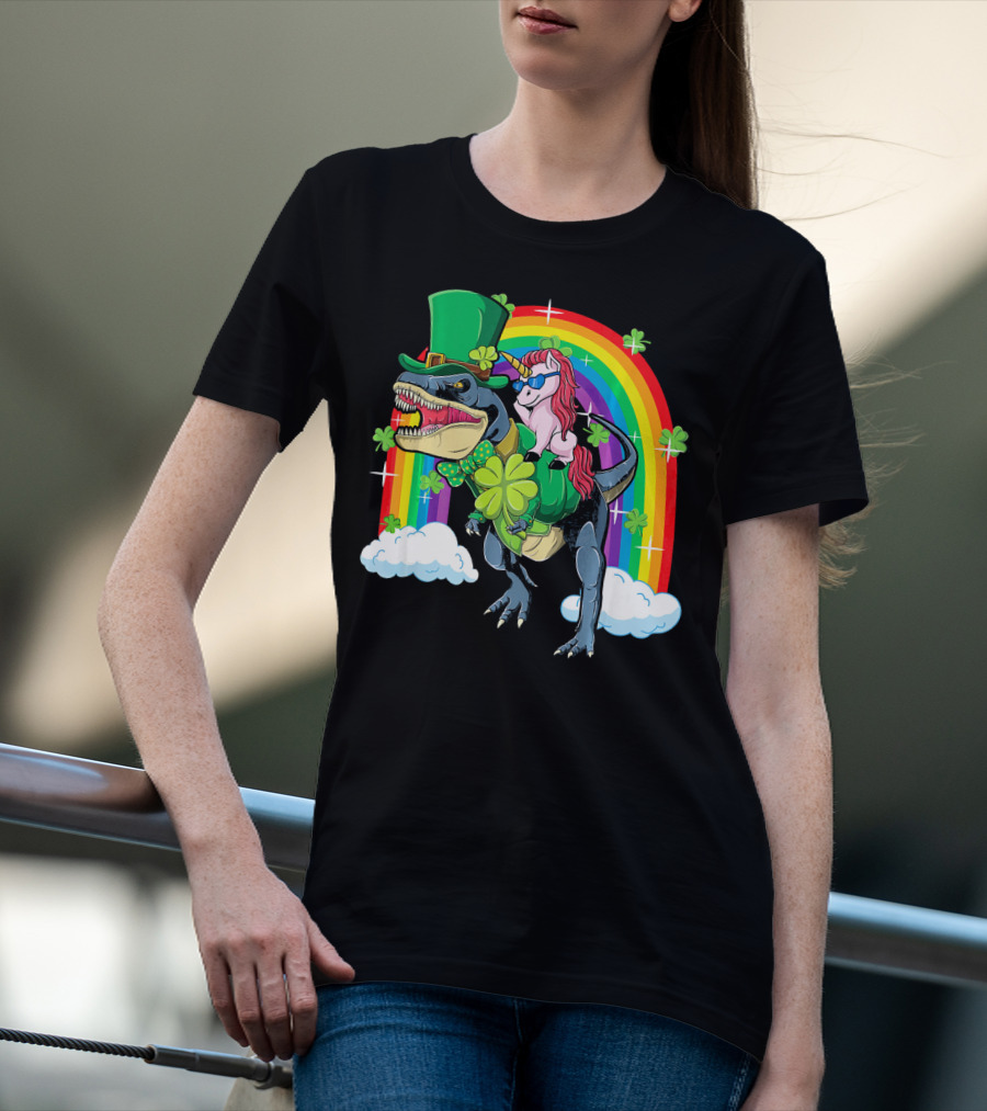 Unicorn Riding Dinosaur Leprechaun Rainbow Shamrocks T-Shirt