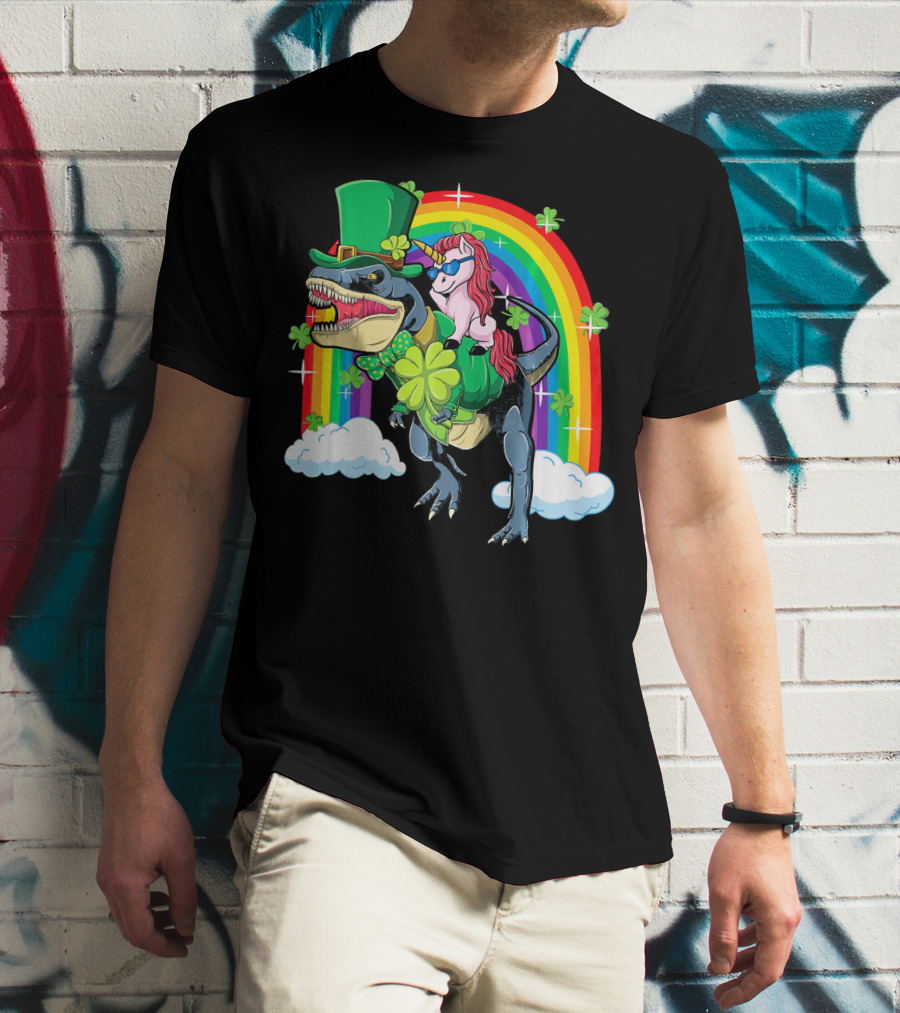 Unicorn Riding Dinosaur Leprechaun Rainbow Shamrocks T-Shirt