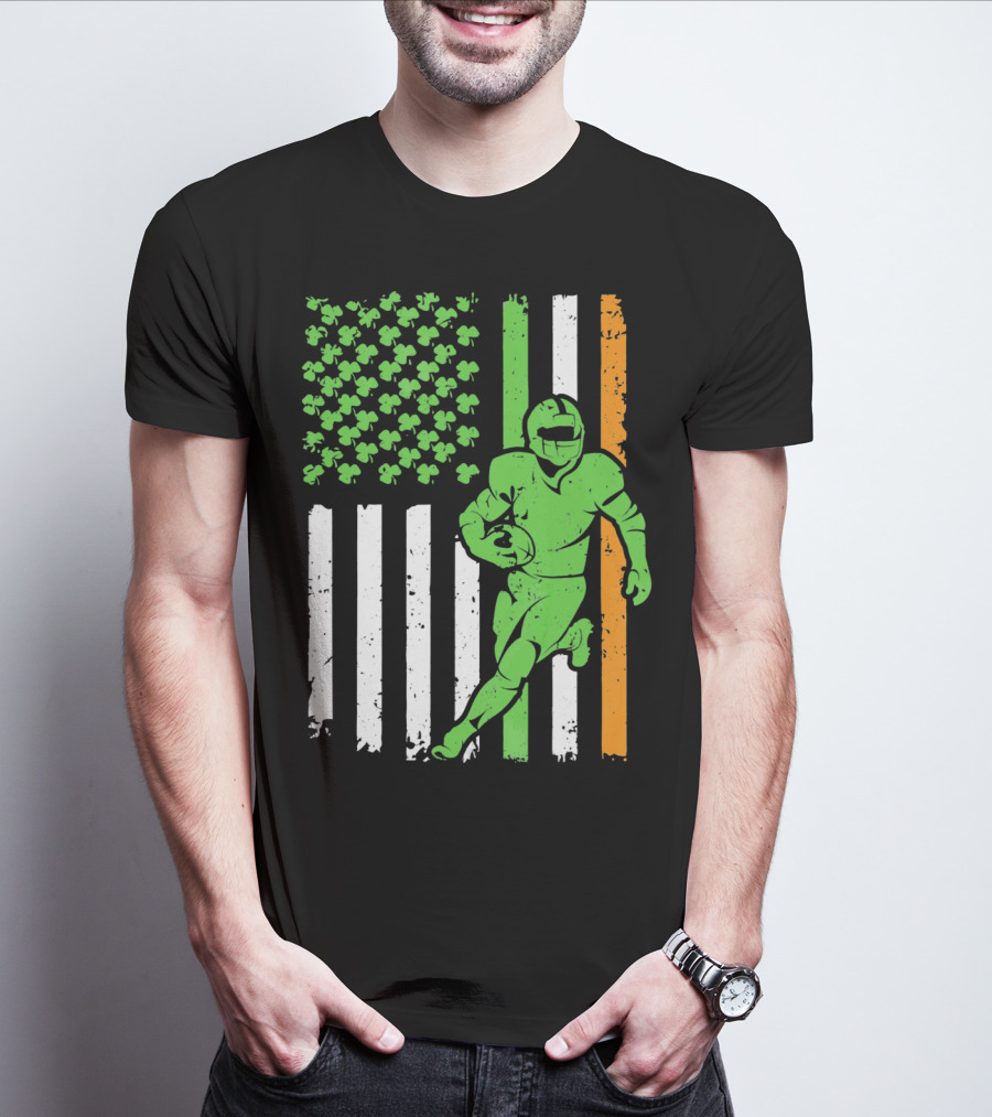 Irish American Football Flag St Patricks Day Shamrock Stripes T-Shirt