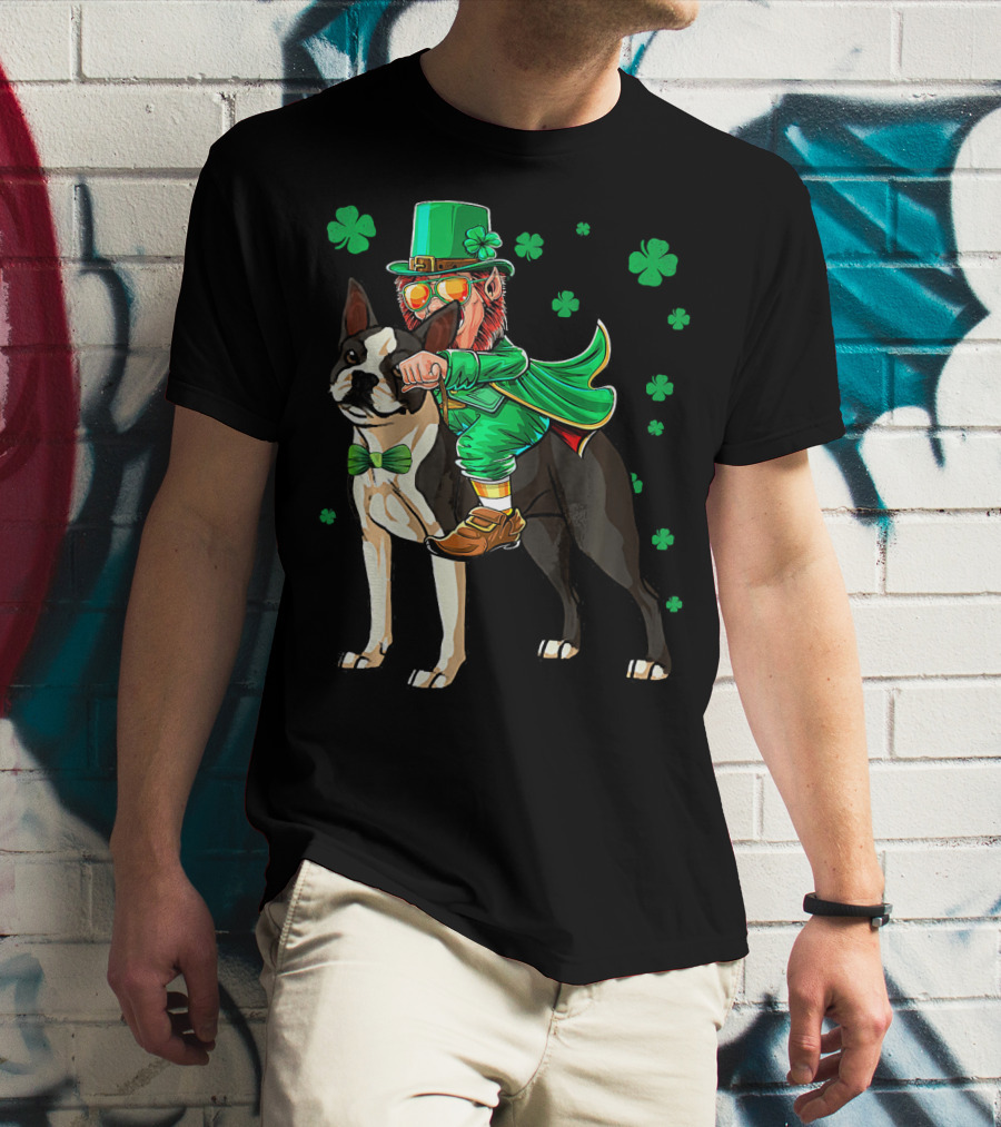 Leprechaun Riding Boston Terrier With Shamrock Accents T-Shirt