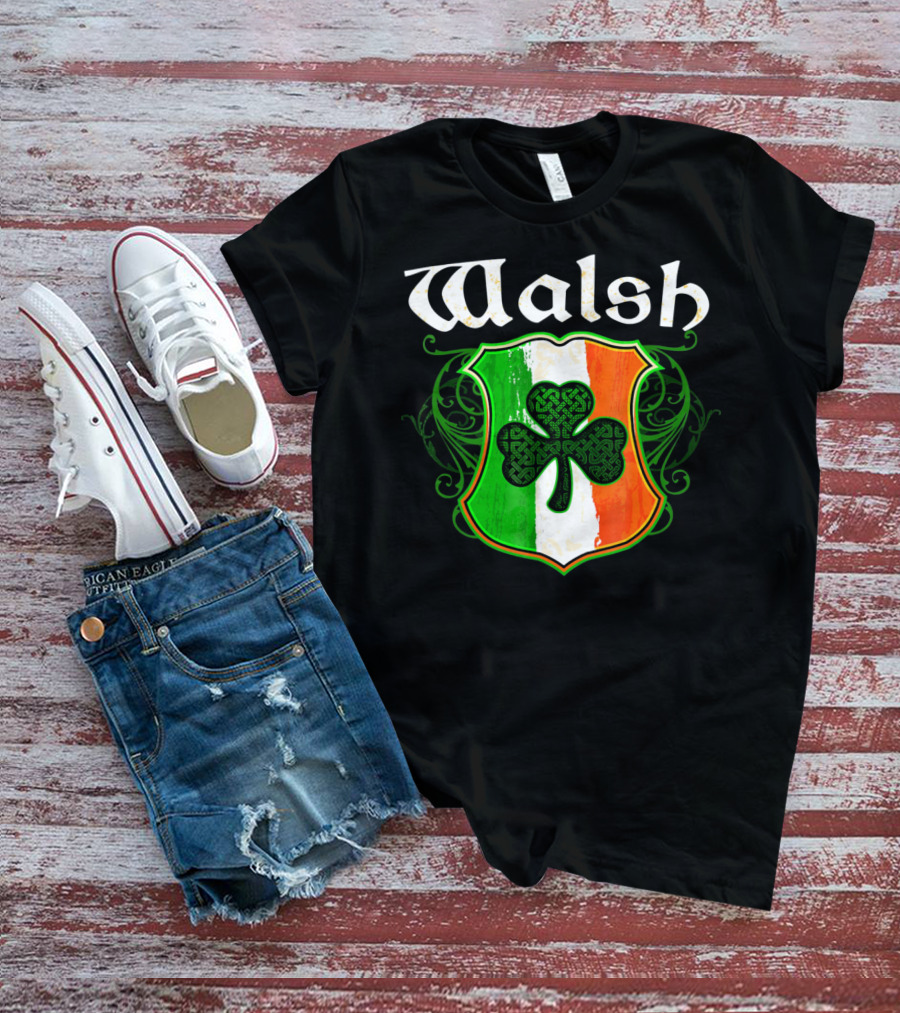 Walsh Surname Irish Shamrock Crest With Green White Orange Shield T-Shirt